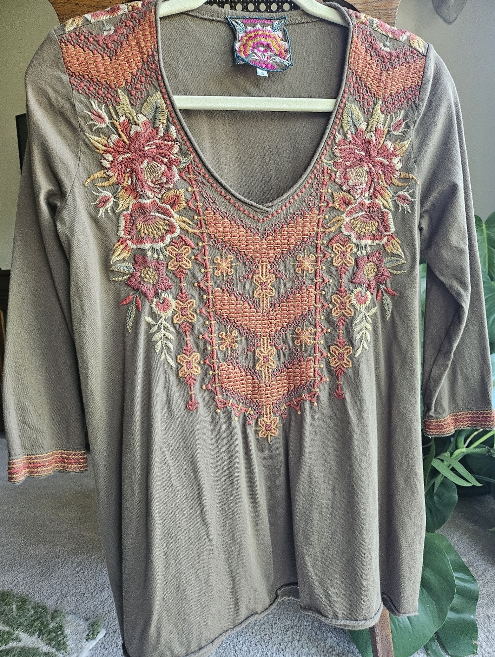 Johnny Was Caite Olive Green Cotton 3/4 Sleeve Top